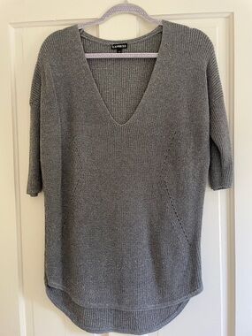 Express Gray V-Neck Short Sleeve Knit Sweater